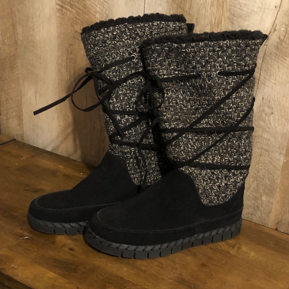 Muk Luks Black Suede Knit Lace-Up Tall Winter Boots
